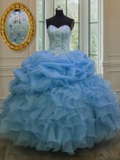  Blue Ball Gowns Beading and Pick Ups Vestidos de Quinceanera Lace Up Organza Sleeveless Floor Length