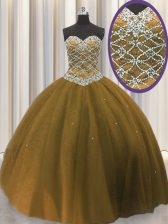  Sleeveless Tulle Floor Length Lace Up Sweet 16 Dress in Brown with Beading