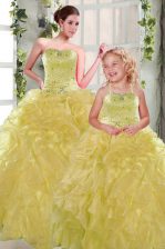 Shining Yellow Strapless Neckline Beading and Ruffles Ball Gown Prom Dress Sleeveless Lace Up