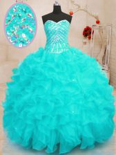 Excellent Sequins Floor Length Ball Gowns Sleeveless Aqua Blue Quinceanera Gowns Lace Up