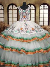 Beauteous Multi-color A-line Embroidery and Ruffled Layers Quince Ball Gowns Lace Up Organza Sleeveless Floor Length
