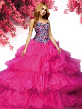  Fuchsia Lace Up Vestidos de Quinceanera Beading and Ruffled Layers Sleeveless Floor Length