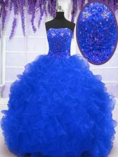  Sleeveless Brush Train Lace Up With Train Beading and Ruffles Quinceanera Gowns