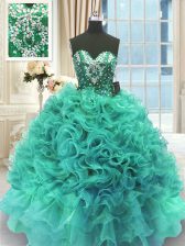 Elegant Turquoise Organza Lace Up Sweetheart Sleeveless Floor Length Quinceanera Gowns Beading and Ruffles