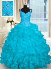Comfortable Organza Sleeveless Vestidos de Quinceanera Brush Train and Beading and Embroidery and Ruffles
