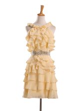 Fantastic Gold Evening Dress Party with Beading and Ruffles Halter Top Sleeveless Zipper