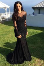  Sweep Train Mermaid Prom Gown Black Scoop Tulle Long Sleeves Zipper
