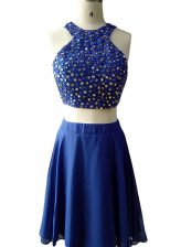  Scoop Blue Zipper Beading Sleeveless Knee Length