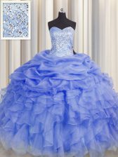 Graceful Purple Ball Gowns Organza Sweetheart Sleeveless Beading and Ruffles Floor Length Lace Up 15th Birthday Dress