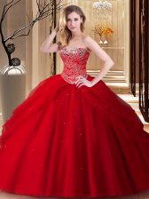  Red Tulle Lace Up Sweetheart Sleeveless Floor Length Vestidos de Quinceanera Beading