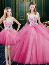 Three Piece Pink Tulle Zipper Scoop Sleeveless Floor Length Sweet 16 Dresses Lace and Pick Ups
