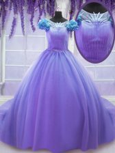  Scoop Short Sleeves Tulle Quinceanera Dress Hand Made Flower Court Train Lace Up