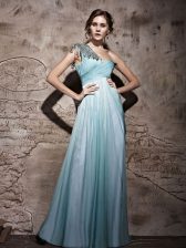  Floor Length Light Blue Evening Dress One Shoulder Sleeveless Side Zipper