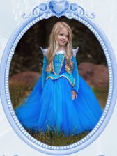Flare Scoop Long Sleeves Tulle Floor Length Side Zipper Flower Girl Dress in Baby Blue with Beading and Embroidery