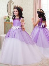  White and Purple Ball Gowns Scoop Sleeveless Tulle Brush Train Zipper Beading and Bowknot and Hand Made Flower Little Girls Pageant Dress