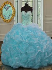  Blue Ball Gowns Organza Sweetheart Sleeveless Beading and Pick Ups Lace Up 15th Birthday Dress Sweep Train