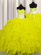  Floor Length Lace Up Quinceanera Dresses Yellow for Military Ball and Sweet 16 and Quinceanera with Appliques and Ruffles