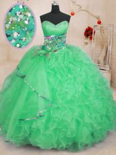 Edgy Apple Green Ball Gowns Sweetheart Sleeveless Organza Floor Length Lace Up Beading and Ruffles Sweet 16 Quinceanera Dress