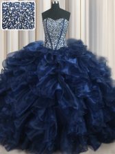 Admirable Visible Boning Bling-bling Navy Blue Sweetheart Lace Up Beading and Ruffles Sweet 16 Dress Brush Train Sleeveless