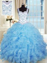  Baby Blue Quinceanera Gowns Military Ball and Sweet 16 and Quinceanera with Beading and Appliques and Ruffles Sweetheart Sleeveless Lace Up