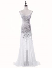 Fashionable White Column/Sheath Tulle Scoop Sleeveless Beading With Train Zipper Sweep Train