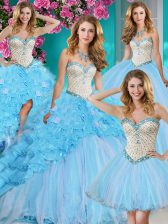 Dynamic Four Piece Baby Blue Organza Lace Up Quinceanera Dress Sleeveless With Brush Train Beading and Ruffles