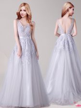 Deluxe Silver V-neck Neckline Appliques and Belt Evening Dress Sleeveless Backless