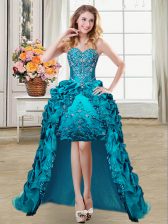 Great Sleeveless Lace Up High Low Embroidery and Pick Ups Evening Dress