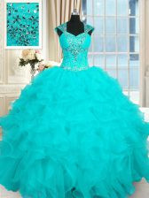 Shining Aqua Blue Ball Gowns Straps Cap Sleeves Organza Floor Length Lace Up Beading and Ruffles Vestidos de Quinceanera