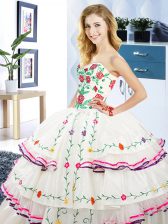 Dramatic White Ball Gowns Sweetheart Sleeveless Organza and Taffeta Floor Length Lace Up Embroidery and Ruffled Layers Sweet 16 Quinceanera Dress