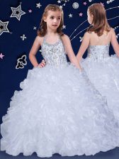 Stunning White Toddler Flower Girl Dress Quinceanera and Wedding Party with Beading and Ruffles Halter Top Sleeveless Lace Up