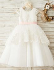 Super Scoop Cap Sleeves Organza Floor Length Zipper Flower Girl Dresses in White with Lace and Appliques and Bowknot
