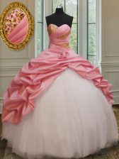 Beauteous Pink And White Ball Gowns Beading and Pick Ups and Hand Made Flower Quinceanera Gown Lace Up Taffeta and Tulle Sleeveless Floor Length