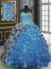  Printed With Train Baby Blue Quinceanera Gown Sweetheart Sleeveless Brush Train Lace Up