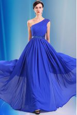 Nice Chiffon One Shoulder Sleeveless Side Zipper Ruching and Belt Prom Evening Gown in Royal Blue