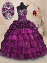 Fabulous Purple Sleeveless Sweep Train Beading and Appliques and Ruffles and Pick Ups With Train Ball Gown Prom Dress