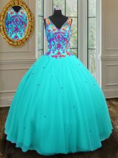 Custom Fit Ball Gowns 15 Quinceanera Dress Aqua Blue V-neck Tulle Sleeveless Floor Length Zipper