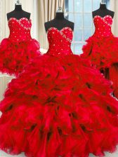  Four Piece Floor Length Red Vestidos de Quinceanera Organza Sleeveless Beading and Ruffles and Ruching