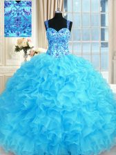  Baby Blue Ball Gowns Straps Sleeveless Organza Floor Length Lace Up Embroidery and Ruffles Quinceanera Gown