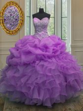 Chic Sweetheart Sleeveless Ball Gown Prom Dress Floor Length Beading and Ruffles and Pick Ups Lavender Organza