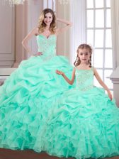 Spectacular Organza Sweetheart Sleeveless Lace Up Beading and Ruffles and Pick Ups 15th Birthday Dress in Apple Green