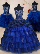  Four Piece Pick Ups Ruffled Brush Train Ball Gowns Sweet 16 Quinceanera Dress Royal Blue Sweetheart Organza and Taffeta Sleeveless With Train Lace Up