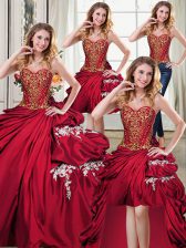 Sophisticated Four Piece Pick Ups Sweetheart Sleeveless Lace Up 15th Birthday Dress Wine Red Taffeta