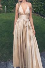  Halter Top Floor Length Champagne Prom Dresses Taffeta Sleeveless Ruching