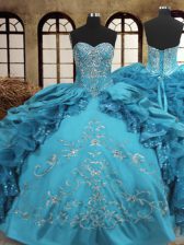 Extravagant Teal Organza and Taffeta Lace Up Sweetheart Sleeveless Floor Length Sweet 16 Dress Beading and Embroidery and Ruffles