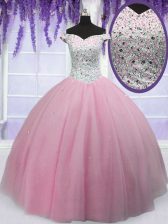  Off The Shoulder Short Sleeves Tulle Quinceanera Dress Beading Lace Up