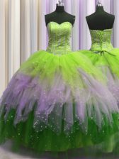 Elegant Visible Boning Sweetheart Sleeveless Tulle Quinceanera Dress Beading and Ruffles and Sequins Lace Up