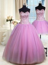  Three Piece Lilac Ball Gowns Beading Sweet 16 Quinceanera Dress Lace Up Tulle Sleeveless Floor Length