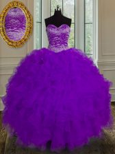 Elegant Beading and Ruffles 15 Quinceanera Dress Eggplant Purple Lace Up Sleeveless Floor Length