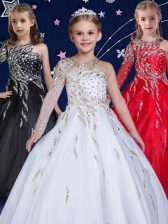 Pretty Beading and Ruffles Flower Girl Dress White Zipper Sleeveless Floor Length
